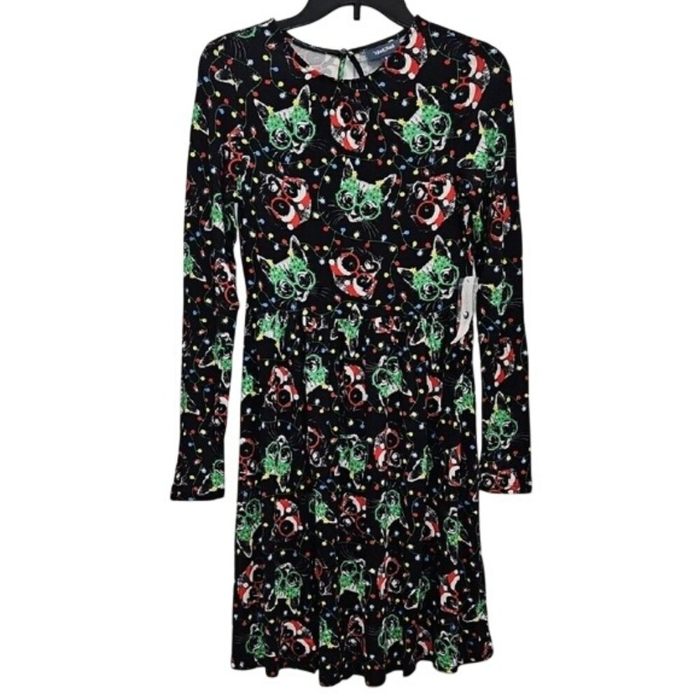 Modcloth Festive Holiday Kitty Dog Christmas Print Long Sleeve Dress Large New